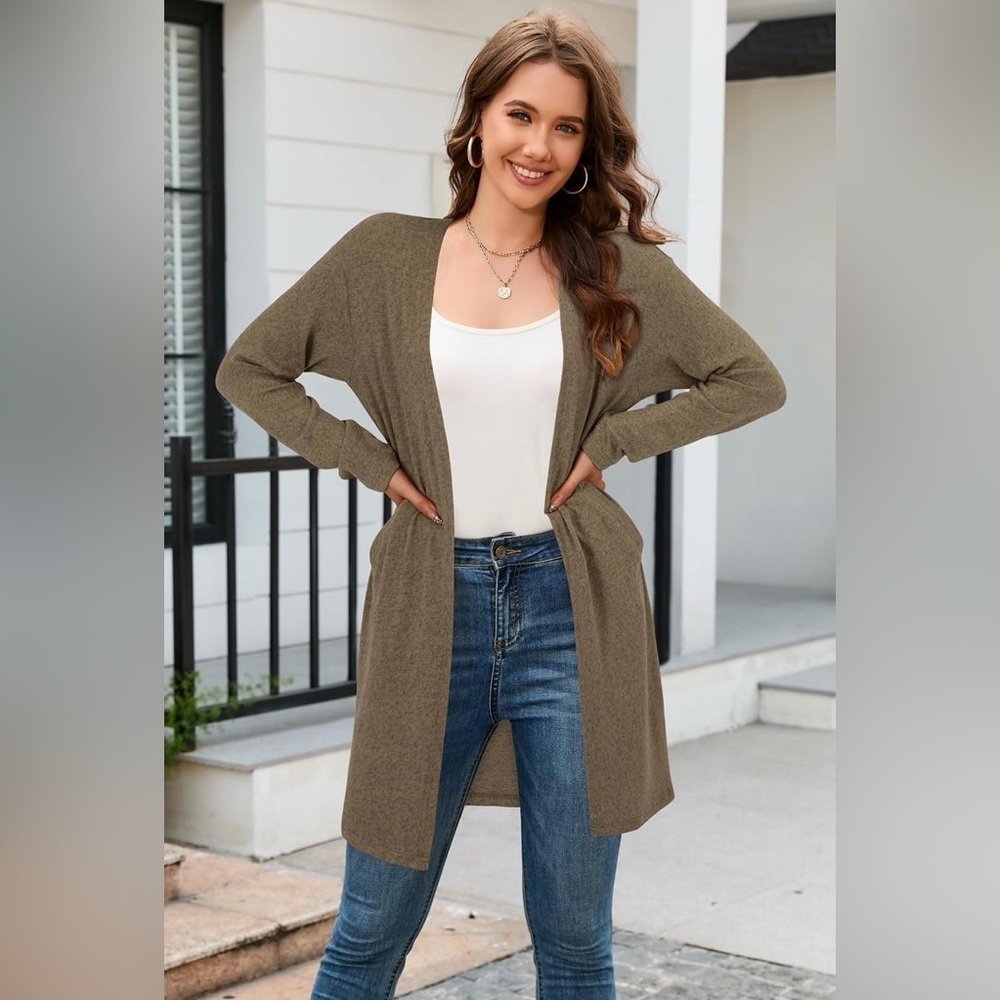 OUGES Women's Open Front Cardigan Shirt with Pockets Long Sleeve Lightweight